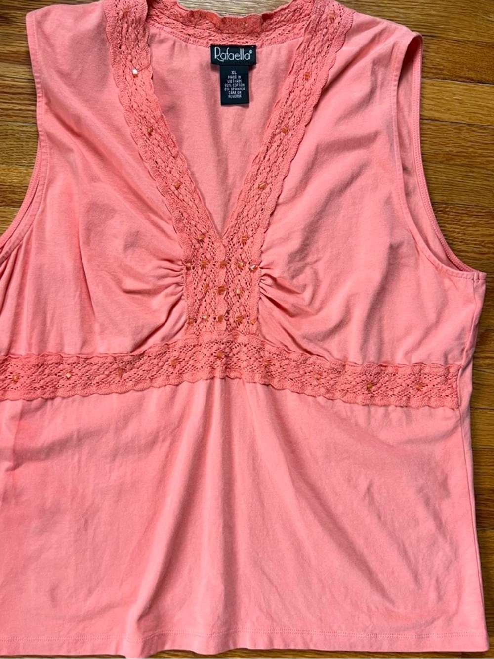 Rafaella Coral Pink Lace-Trim Beaded Sleeveless Tank Top